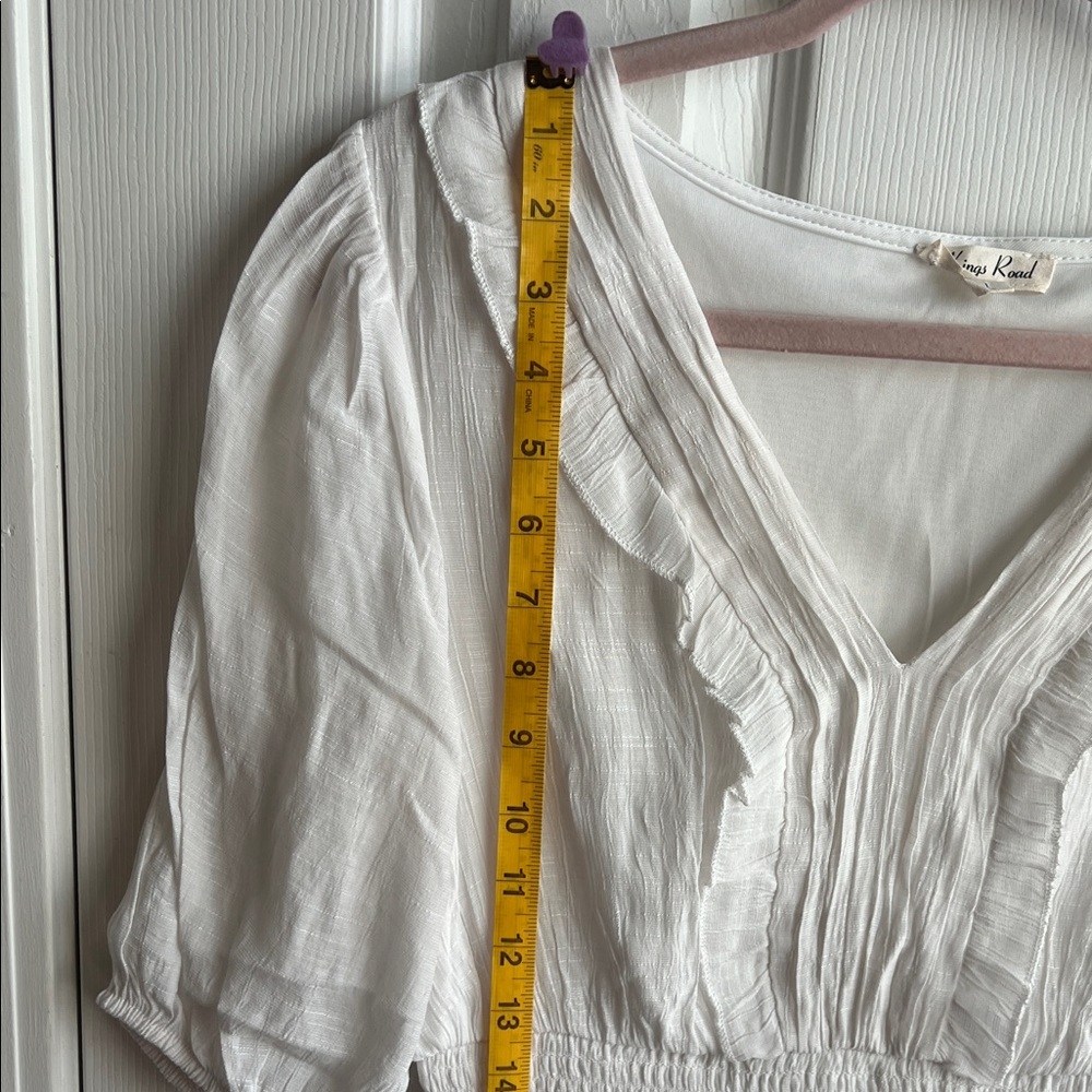 White Midi Dress with V-Neck and Smocked Waist - Picture 7 of 11